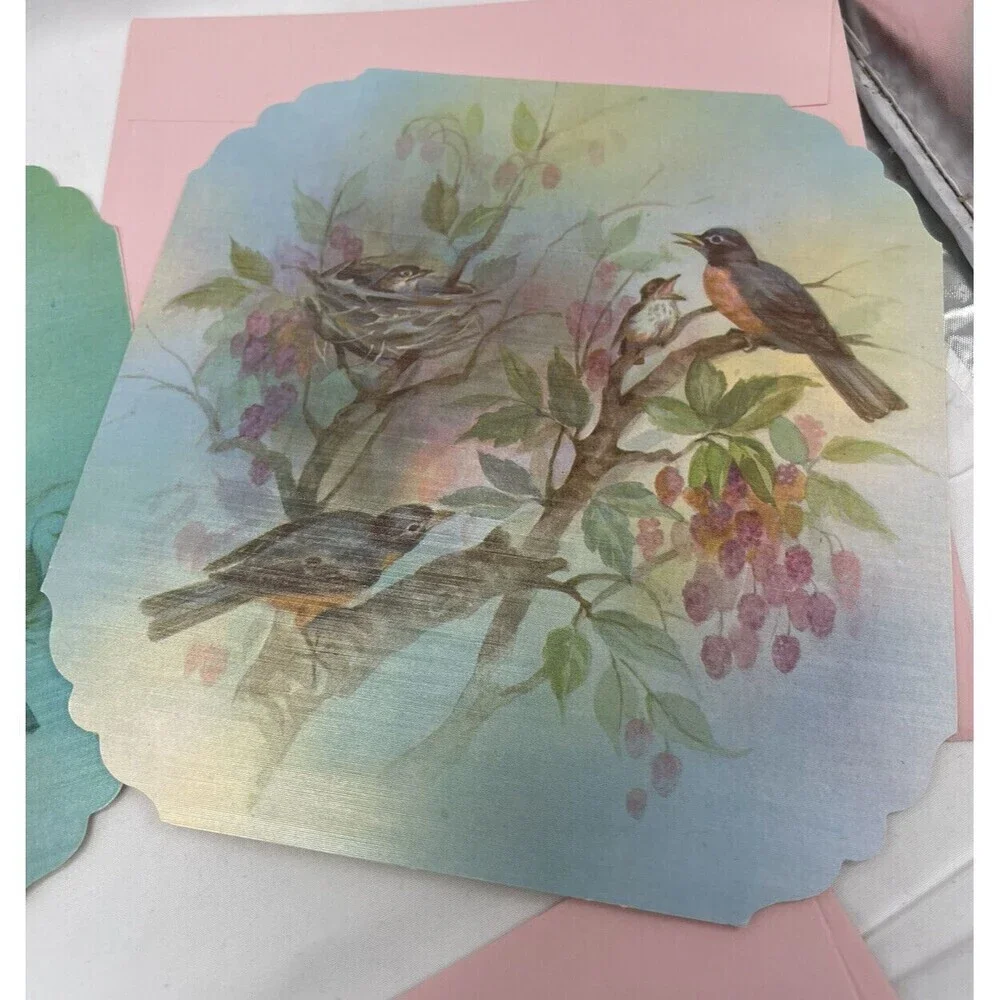 5 VINTAGE QUALITY CREST BEAUTIFUL BIRDS SCENES GREETING CARDS UNUSED ENVLEOPES
